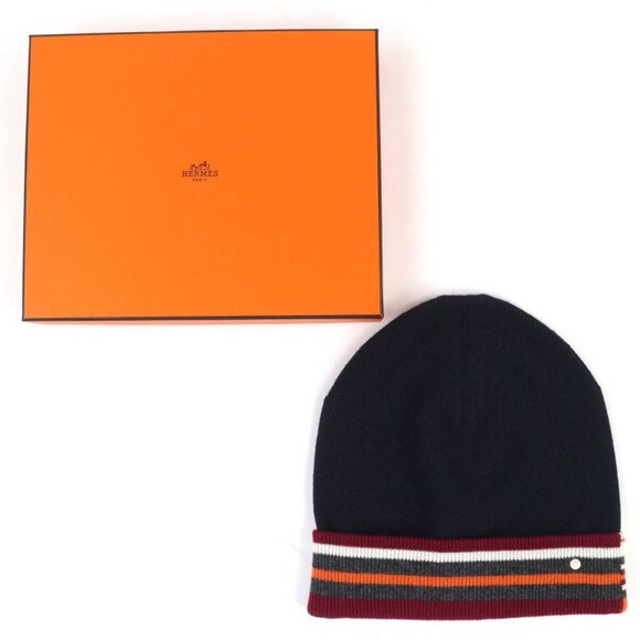 Hermes Twist Cashmere Series Button Beanie Knit Cap Navy Multicolor L main image 9